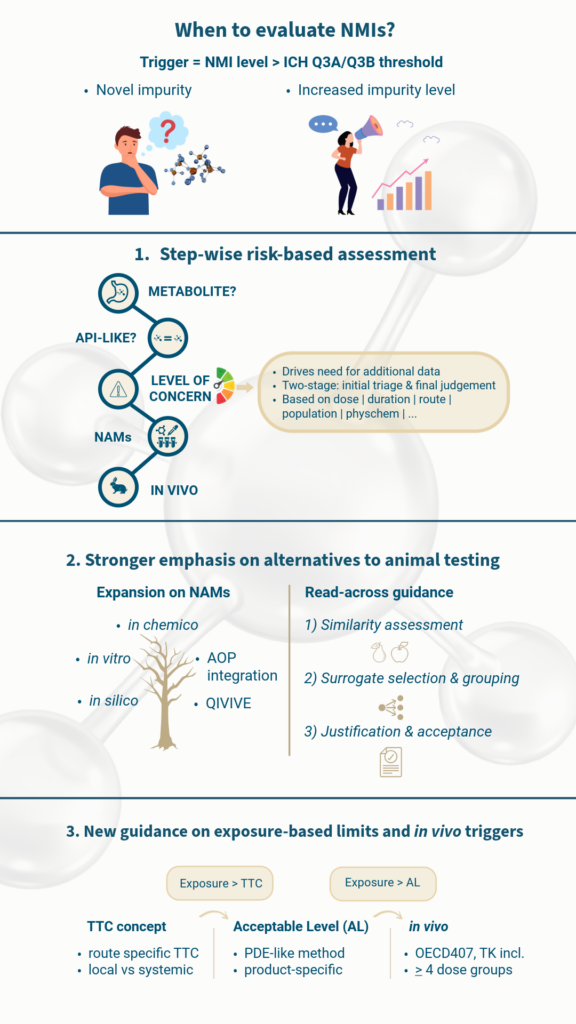 Flowchart illustrating the EMA 2026 risk-based process for non-mutagenic impurity (NMI) assessment, including qualification, Level of Concern evaluation, New Approach Methodologies (NAMs) and exposure-based safety assessment.